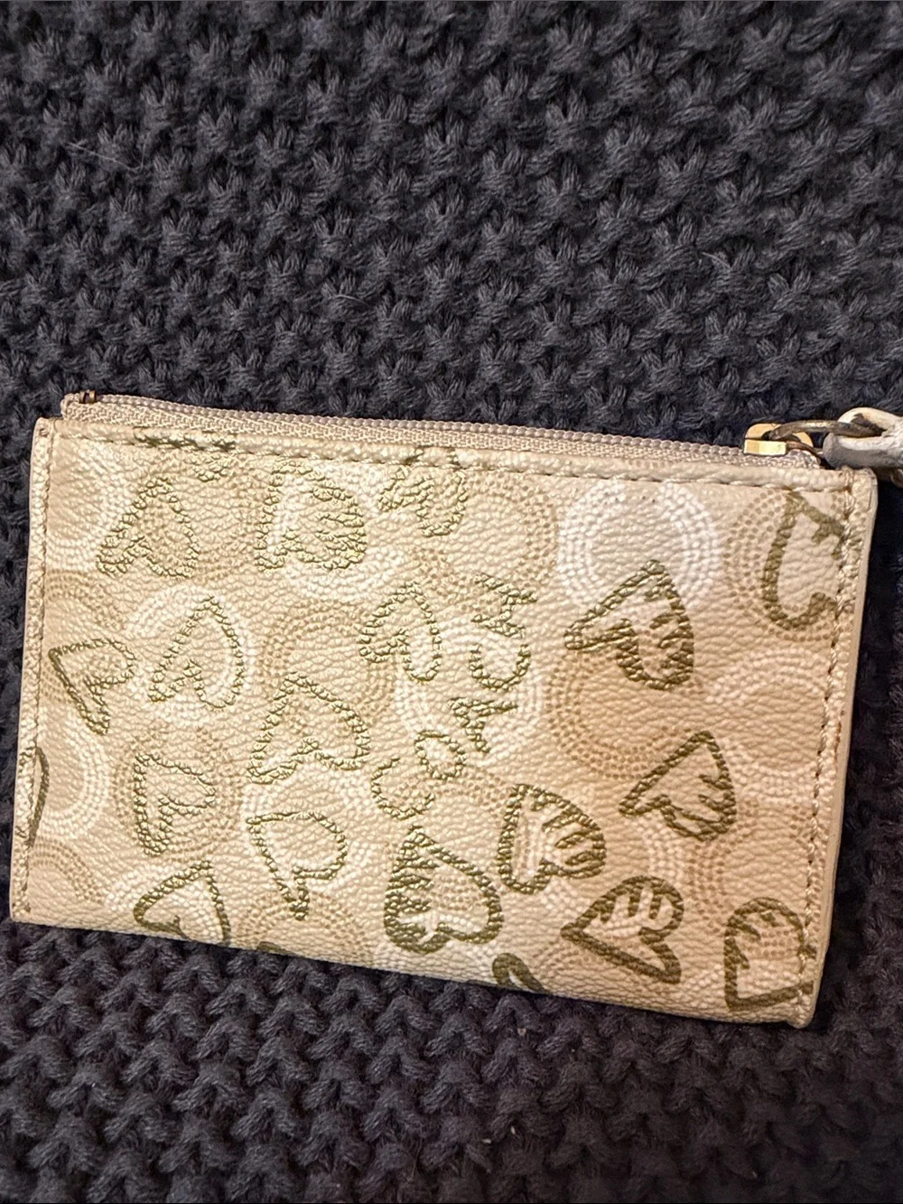 Coach Pink Beige Heart Zip Card Case with Gold Accent